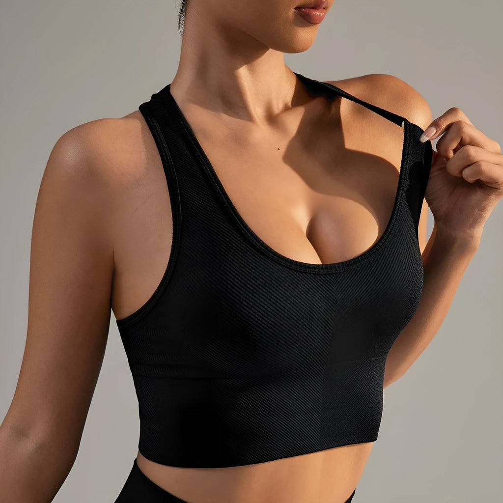 Black quick-drying breathable sports yoga vest bra with cross beauty back and fixed double straps for women