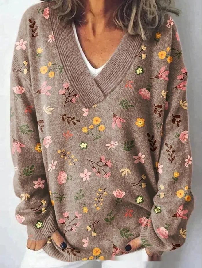 Women's V-neck sweatshirt with 3D floral print pattern on white polyester woven fabric