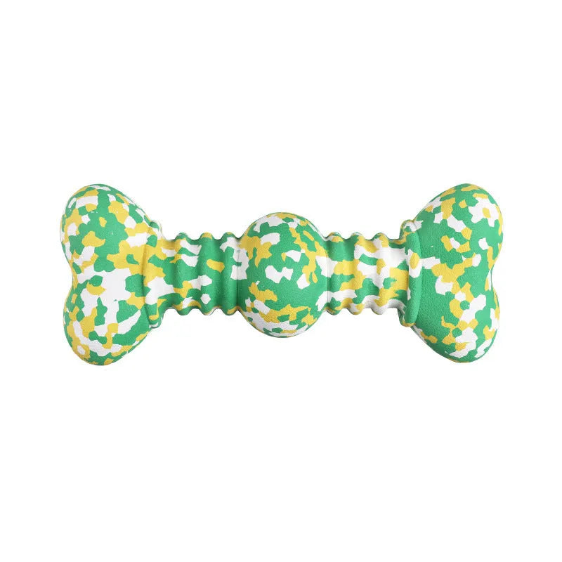 Green, white, and yellow camouflage pattern natural rubber dog chew bone for large breeds.
