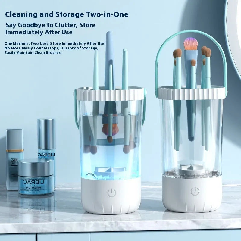 White rechargeable electric makeup brush cleaning tool with data cable.