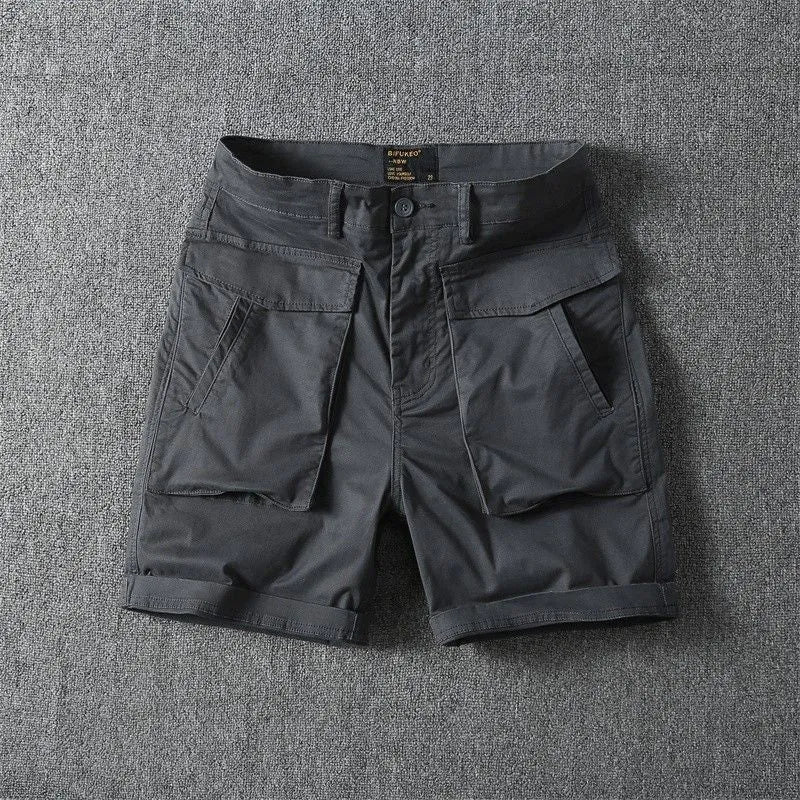 Men's straight-leg cargo shorts in army green with multiple pockets, made from stretch cotton fabric.