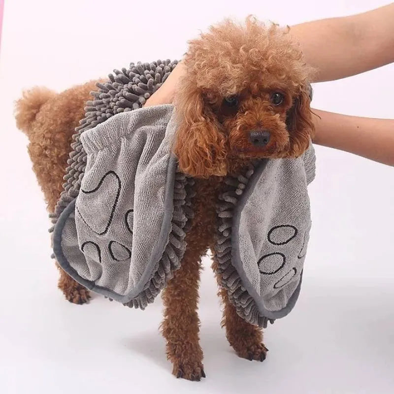 Blue microfibre pet bath towel for drying dogs and cats, showing robe-style design