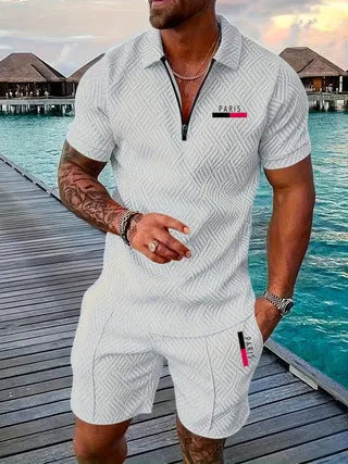 Men's casual retro plaid beach suit set with Paris heat transfer patch short sleeve T-shirt and shorts in multiple colours