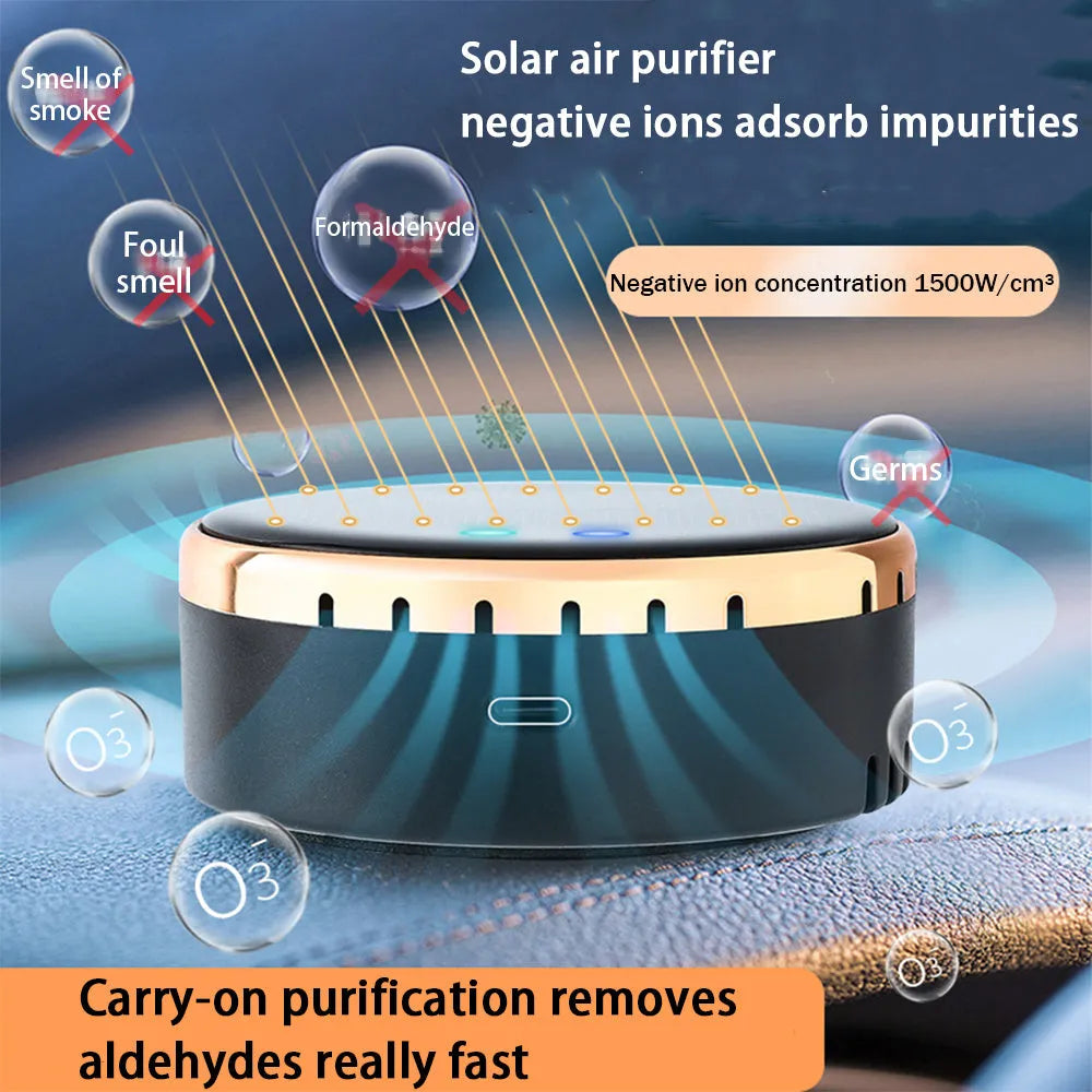 Black solar-powered car humidifier mounted in a vehicle air conditioning vent.