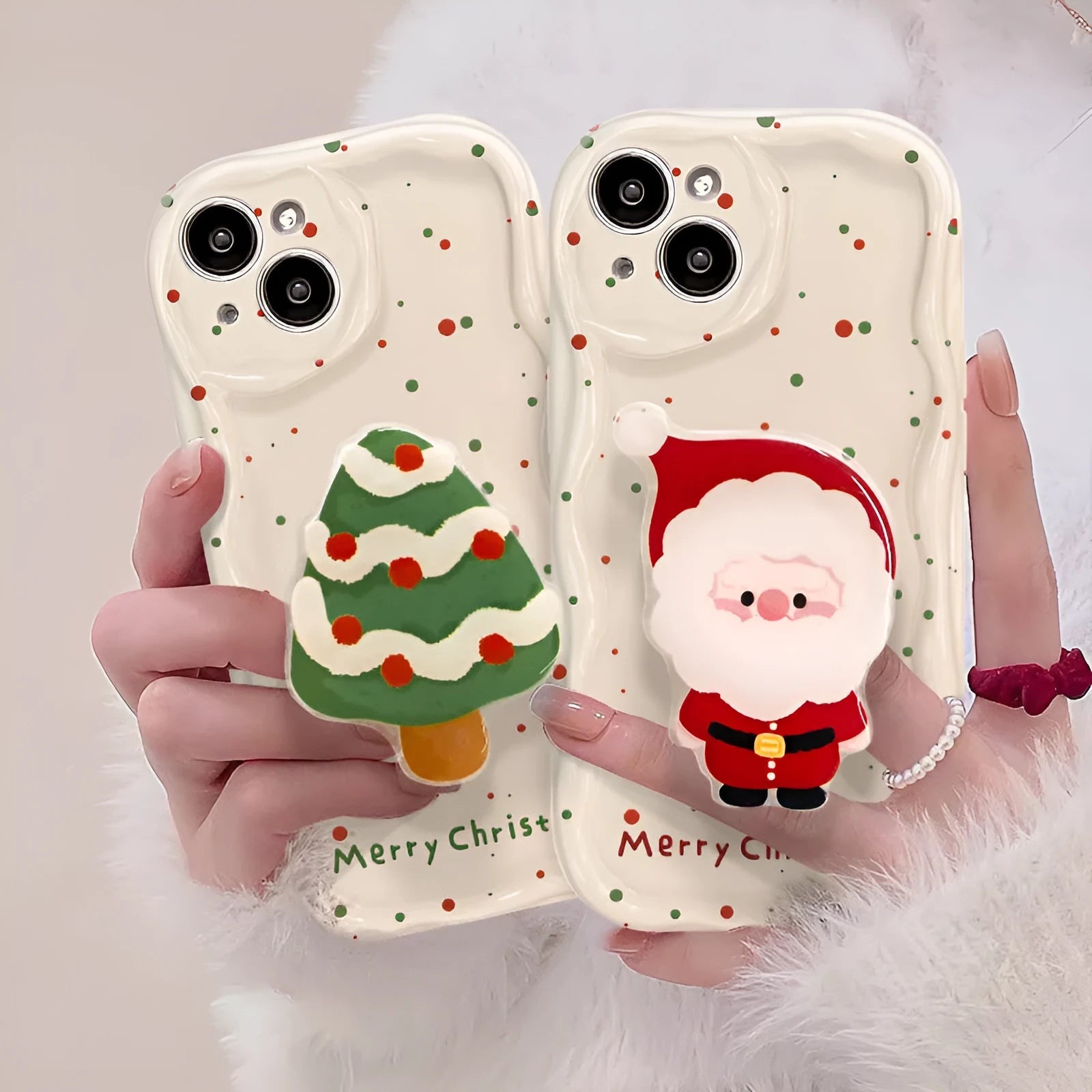 Silicone phone case with bracket, white cream colour with Christmas tree design, compatible with iPhone
