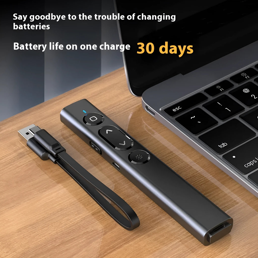 A black and white remote control pen for PowerPoint presentations next to its USB receiver and charging cable.