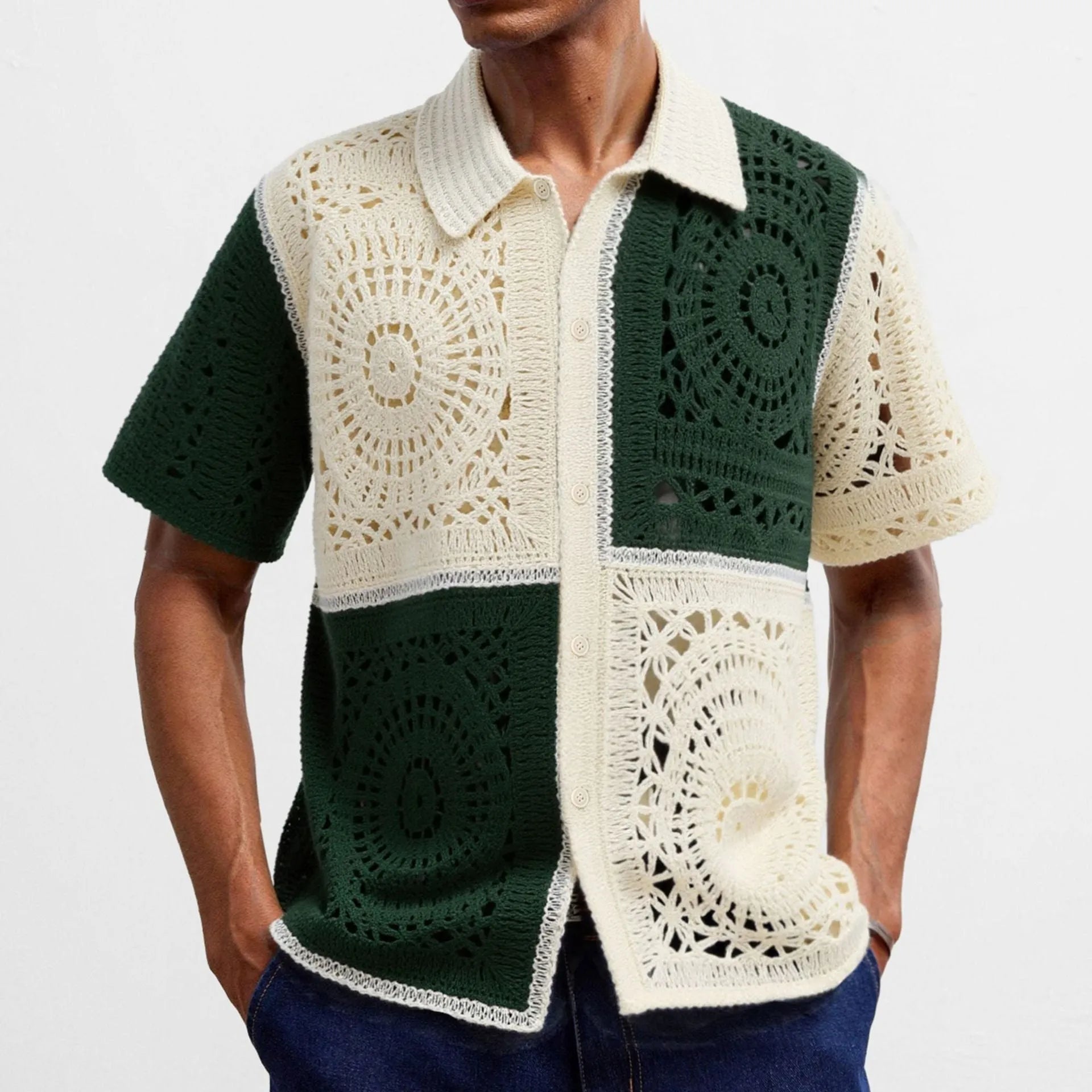 Beige men's short sleeve knitted shirt with colourblock pattern and flocking texture detail