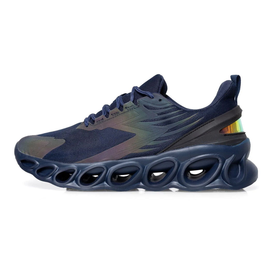 Men's low-top casual sports shoe in black with mesh upper, round toe, and lace-up front.