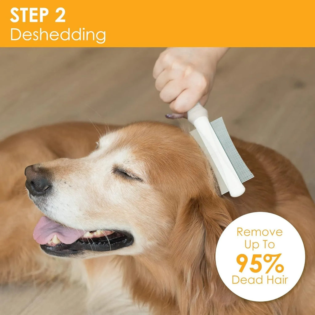 White double-sided dog and cat grooming brush with curved comb and deshedding bristles