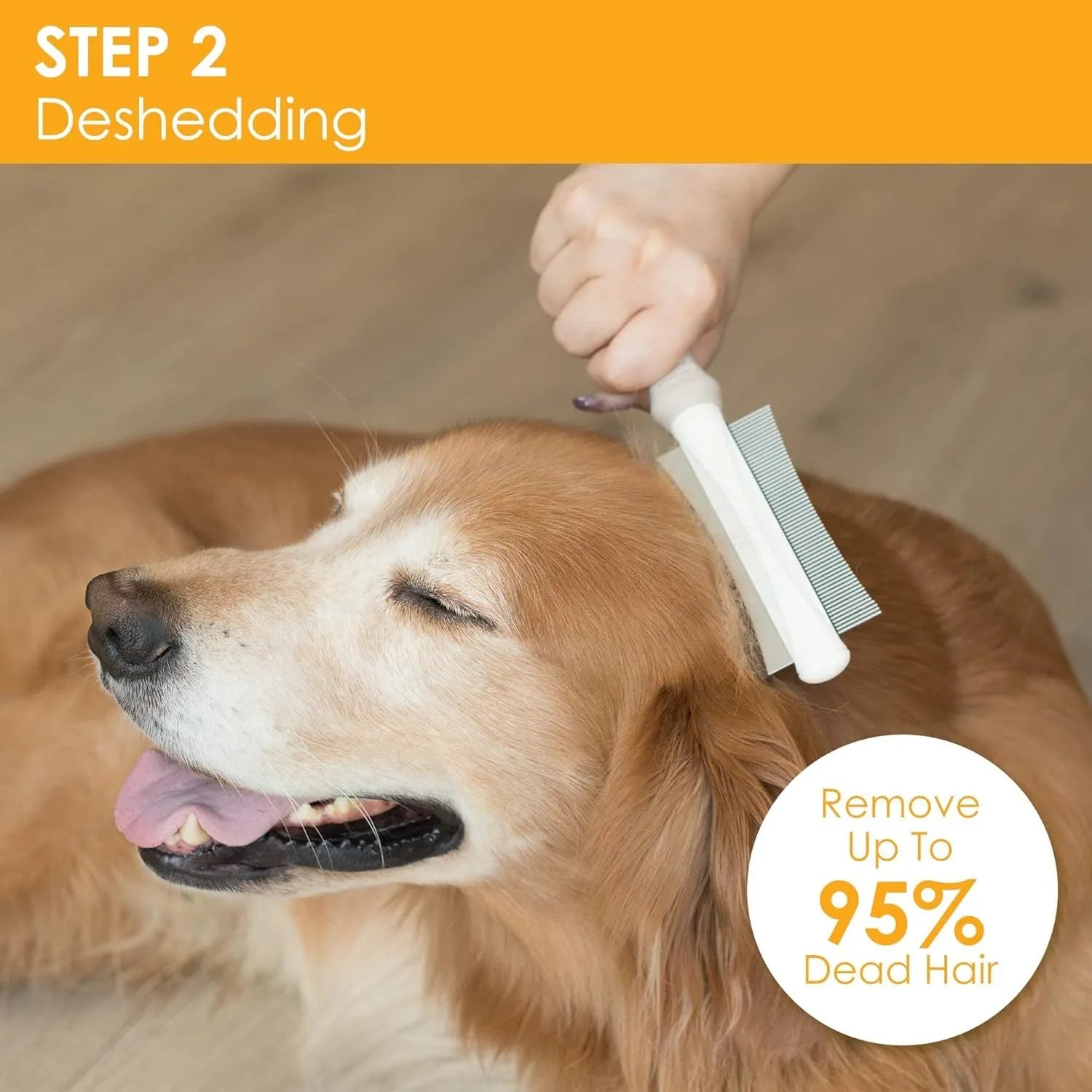 White double-sided dog and cat grooming brush with curved comb and deshedding bristles