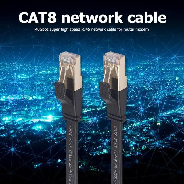 Cat8 Ethernet cable with gold-plated RJ45 connectors and SFTP shielding, shown in various lengths.