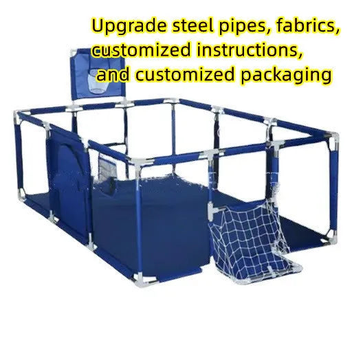 Large blue children's playpen tent with Oxford cloth walls and stainless steel frame in a nursery.
