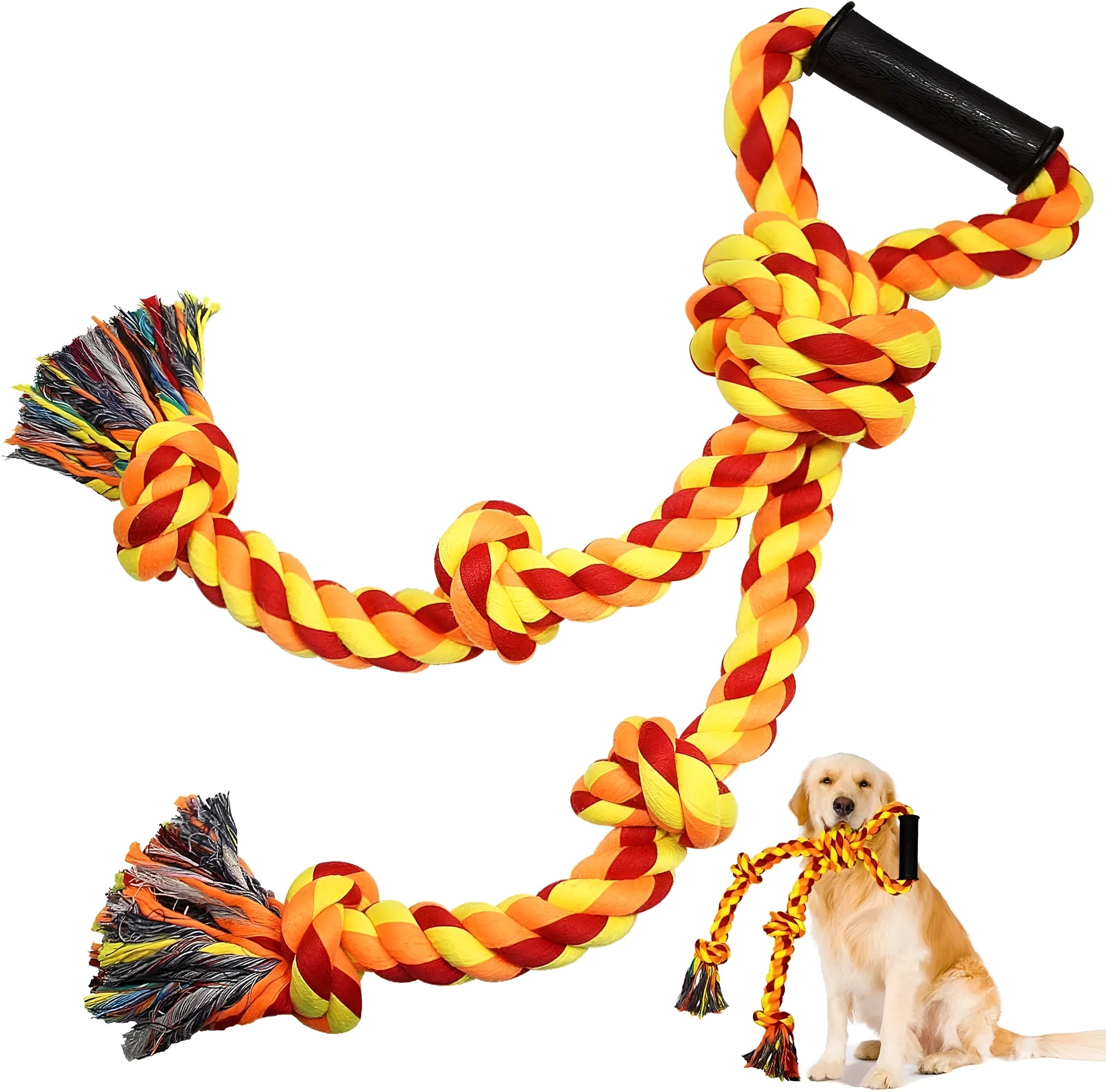 Blue and yellow cotton rope dog toy with handle for large breed tug-of-war