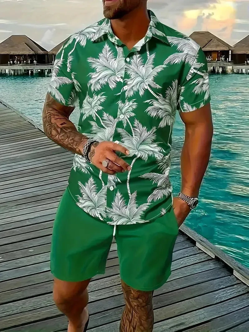 Men's 3D printed Hawaiian pattern short sleeve shirt and matching shorts co-ord set.