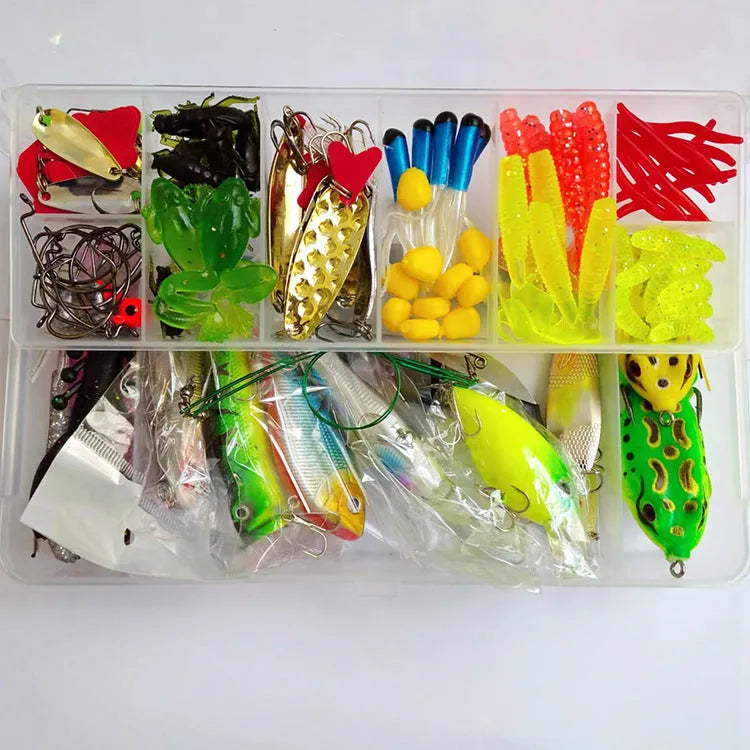 142-piece fishing lure suit set with metal pliers, hard minnow lures, sequin spoons, and hooks on a blue background.