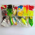 142-piece fishing lure suit set with metal pliers, hard minnow lures, sequin spoons, and hooks on a blue background.
