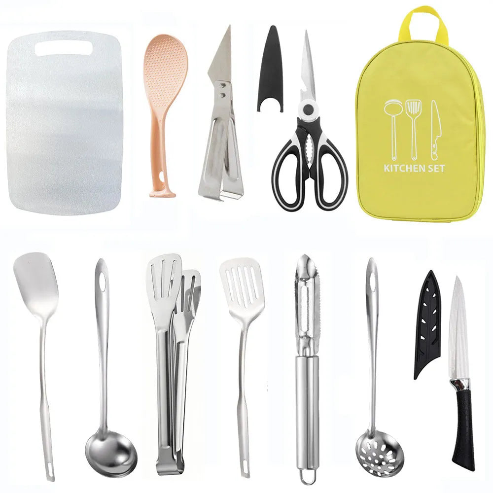 Picnic kitchenware storage bag containing 12-piece stainless steel cutlery set