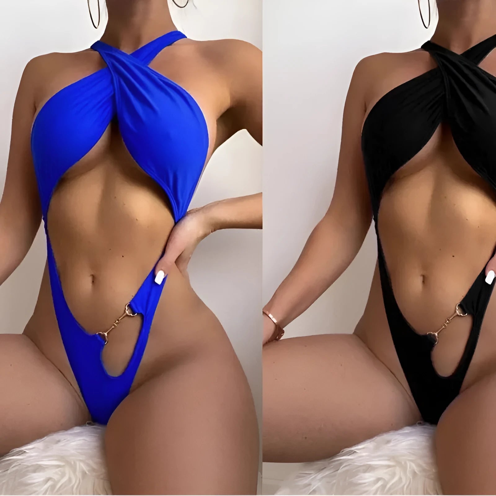 Blue solid colour women's one-piece swimsuit on a mannequin.