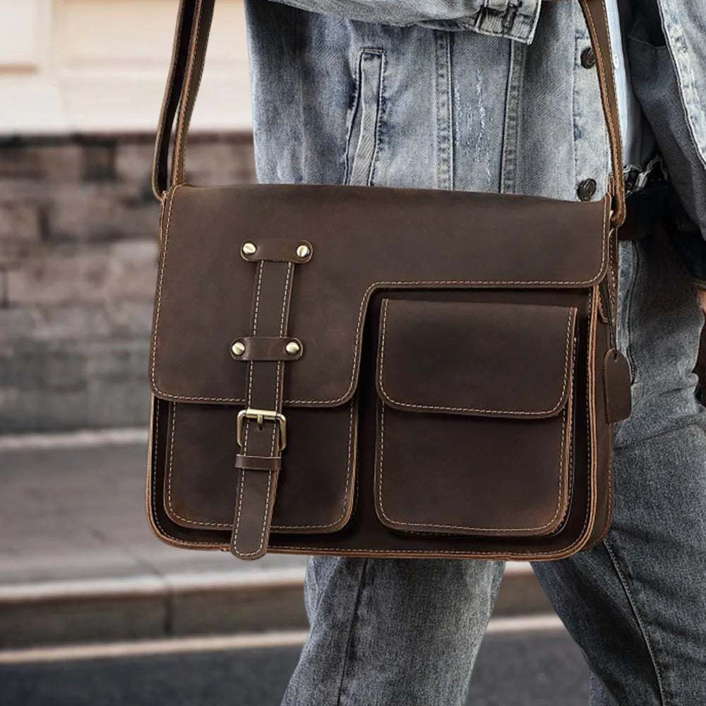 Men's first-layer cowhide leather single-shoulder crossbody bag in Brown 209 with solid colour finish