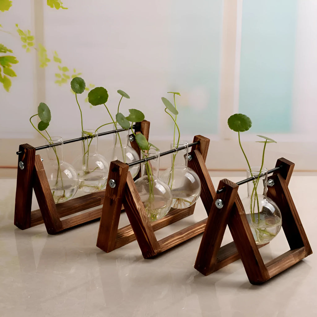 Wooden stand hydroponic plant container with geometric glass vases in pastoral style