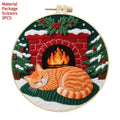 Embroidery material kit with autumn fruit and cat design on cotton linen fabric