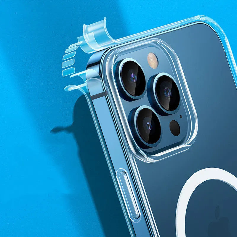 Transparent MagSafe magnetic protective case for Apple iPhone 13 smartphone.