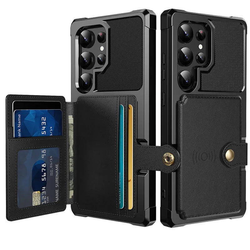 Plug-in drop-resistant car phone case for Samsung, flip style, black TPE with card slot
