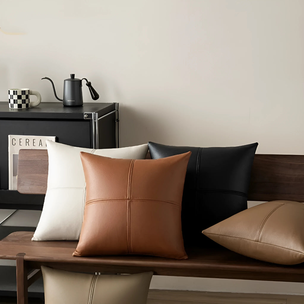 Solid colour soft cowhide leather pillow cover in a Nordic style, shown in a neutral tone.