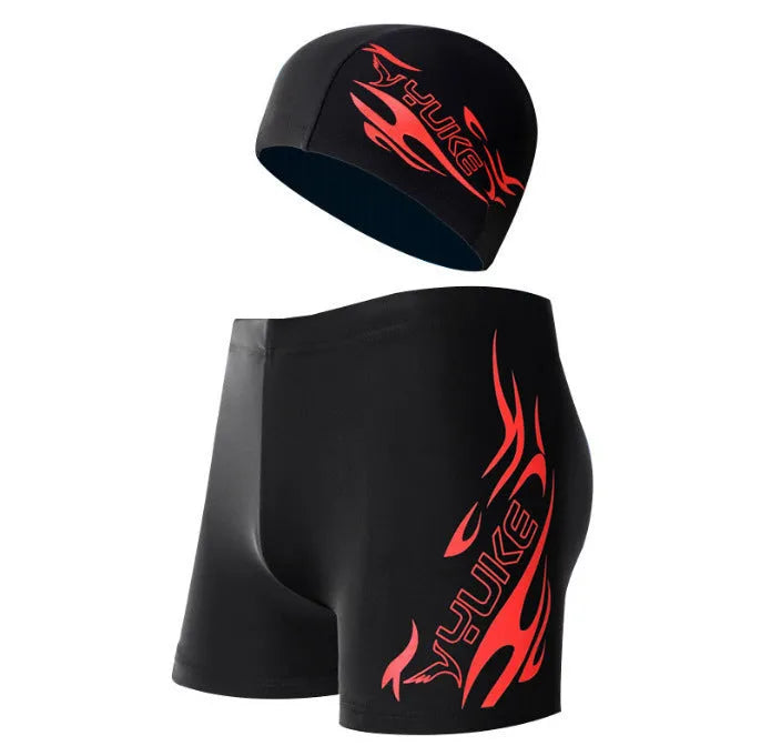 Men's plus size boxer swimming trunks with flame pattern and matching swimming cap