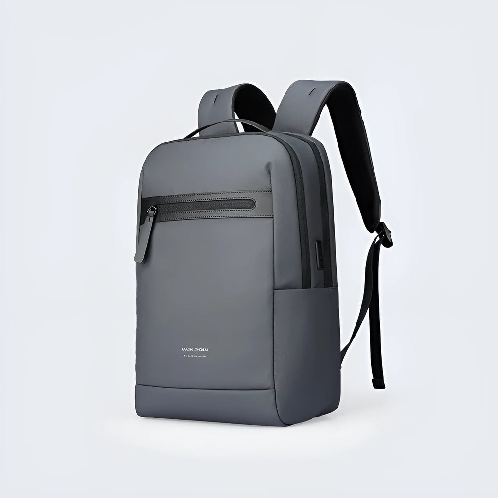 Graphite grey USB business backpack with Oxford cloth exterior showing charging port and under 20L capacity