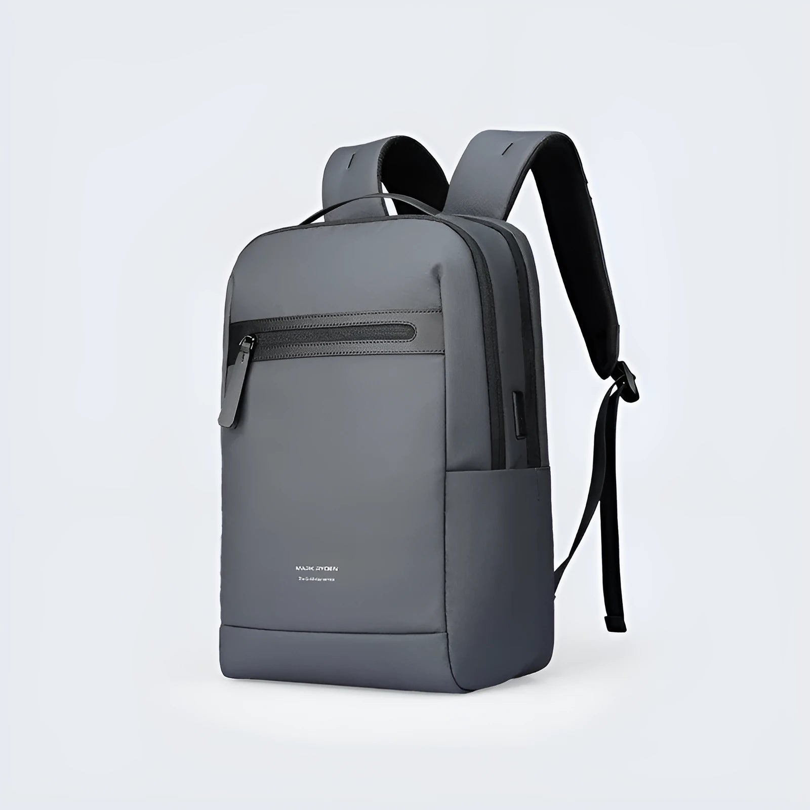 Graphite grey USB business backpack with Oxford cloth exterior showing charging port and under 20L capacity