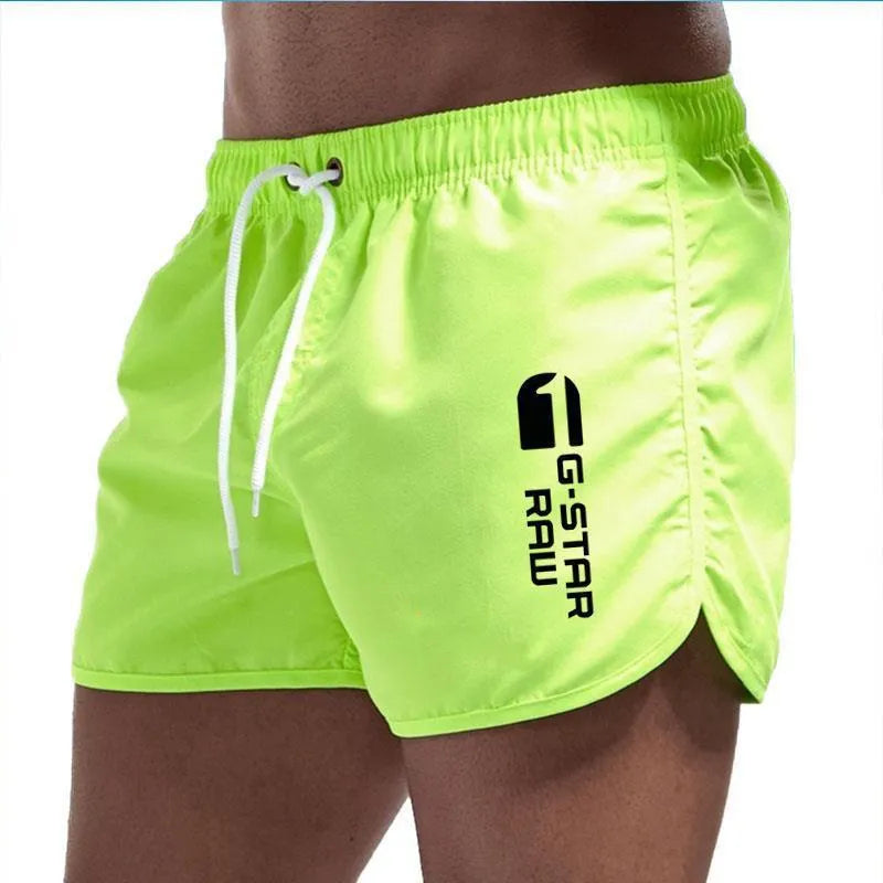 Men's sports beach shorts in 11 colour options including black, navy, and fluorescent green, polyester-hemp blend fabric