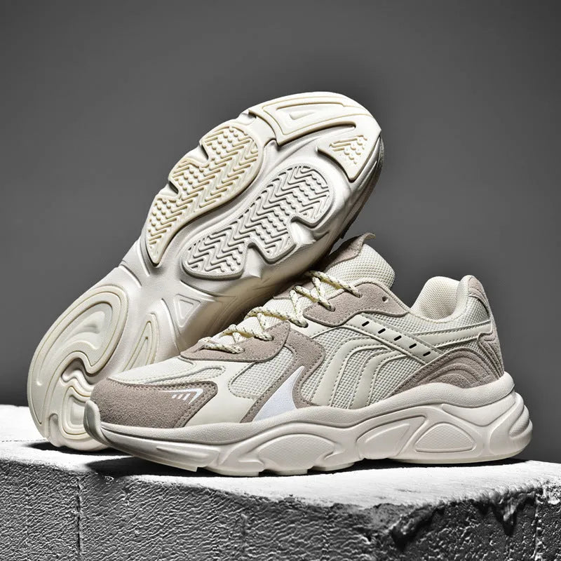 Men's beige and black flat casual sneakers shown in sizes 36 to 46