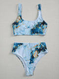 Women's high waist marble print bikini swimwear in a U-neck design.