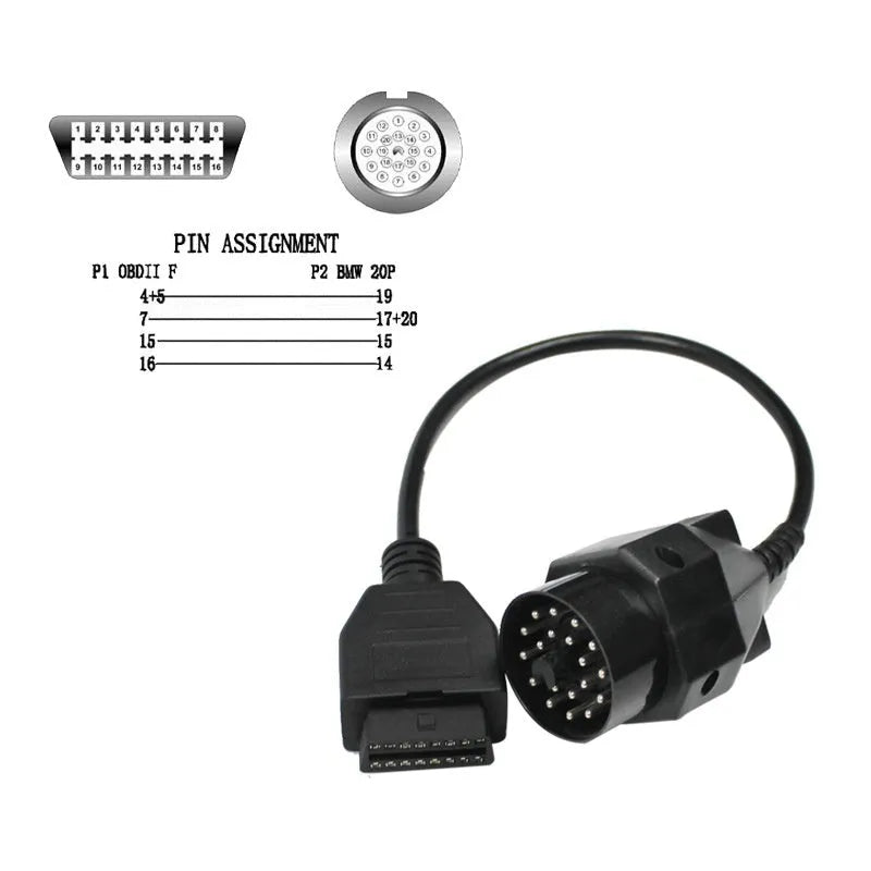 OBD2 diagnostic adapter cable with BMW 20-pin male connector and standard 16-pin female OBD2 socket
