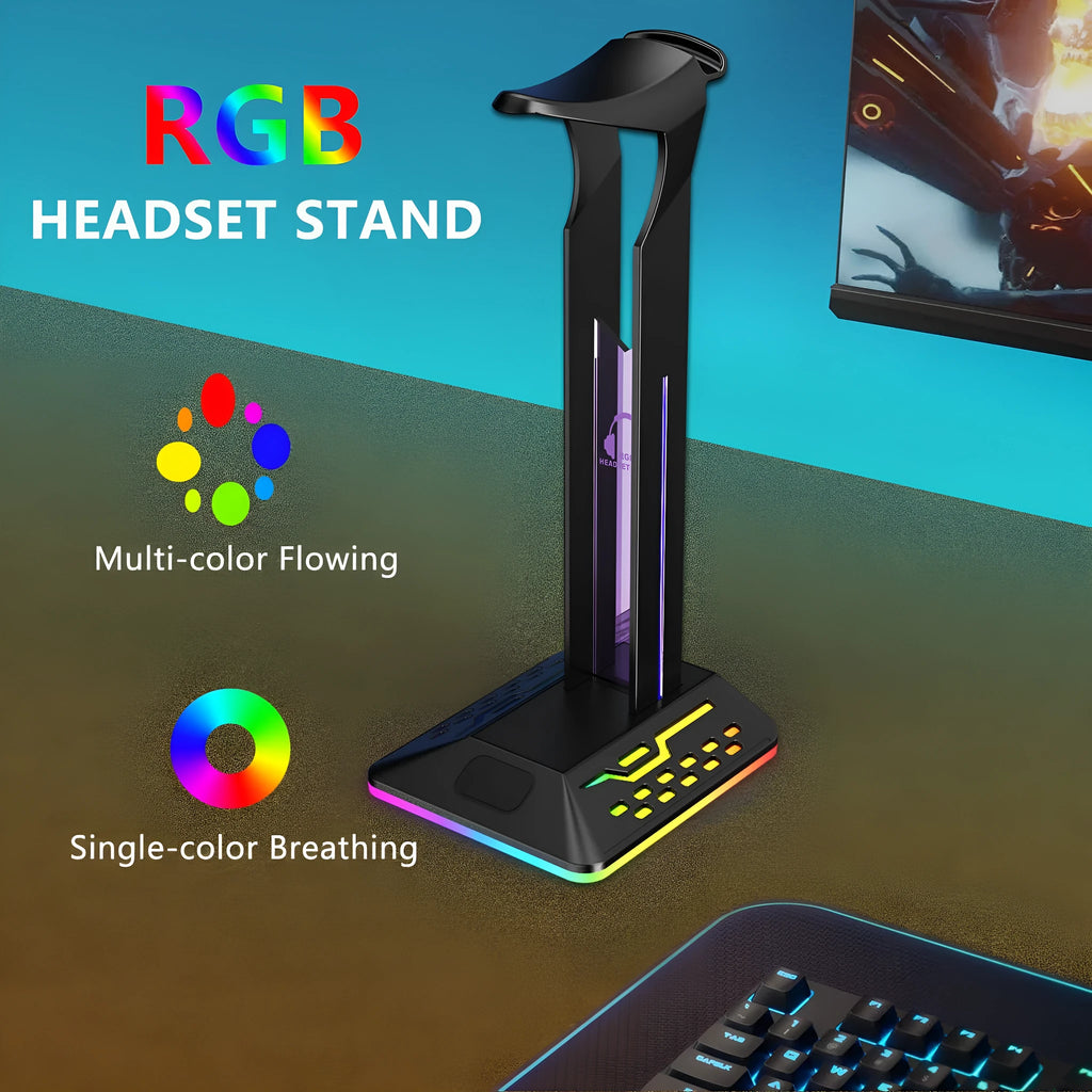 RGB illuminated headphone display stand with dual USB ports in acrylic black finish