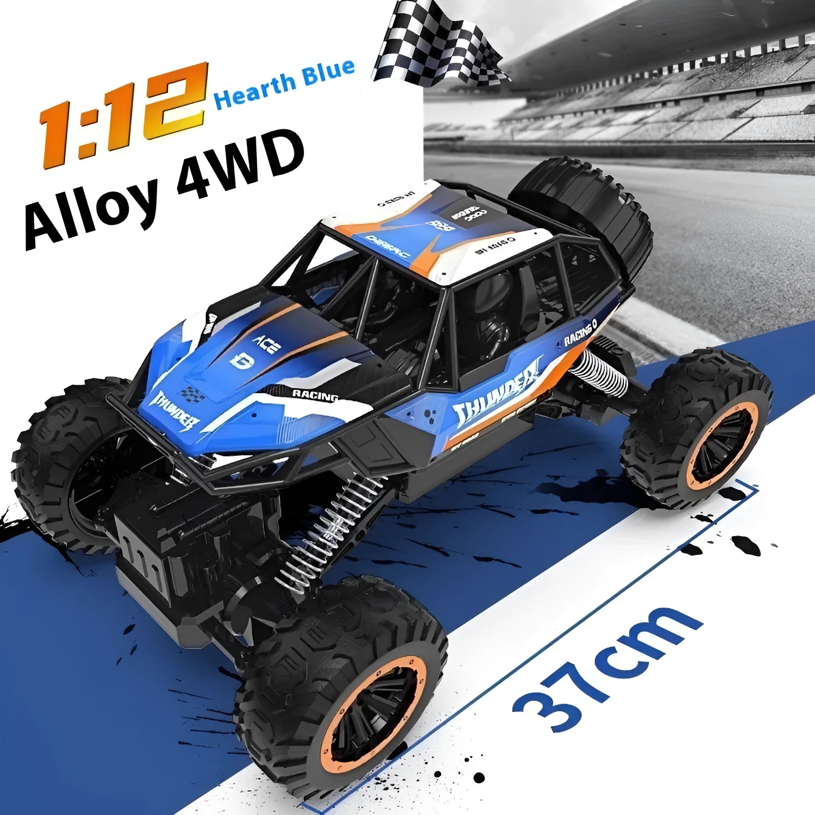 Children's rechargeable four-wheel drive remote control off-road car in fire blue colour with handle controller