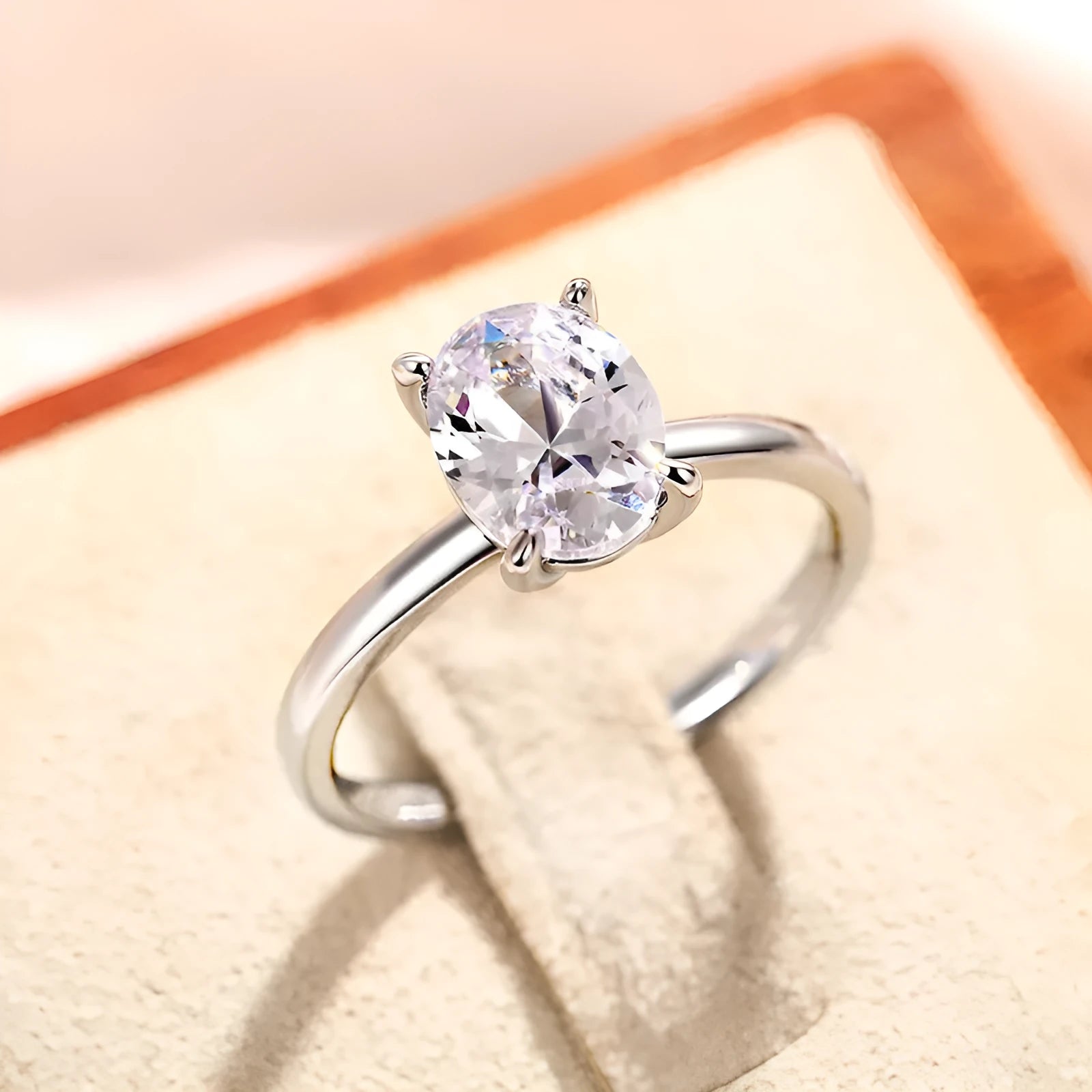 Oval masonry ring for women in copper with inlaid zircon, white gold colour finish, size No 7
