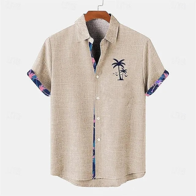 Linen short-sleeve top for teenagers with a loose fit and an ocean fish pattern on the lapel.