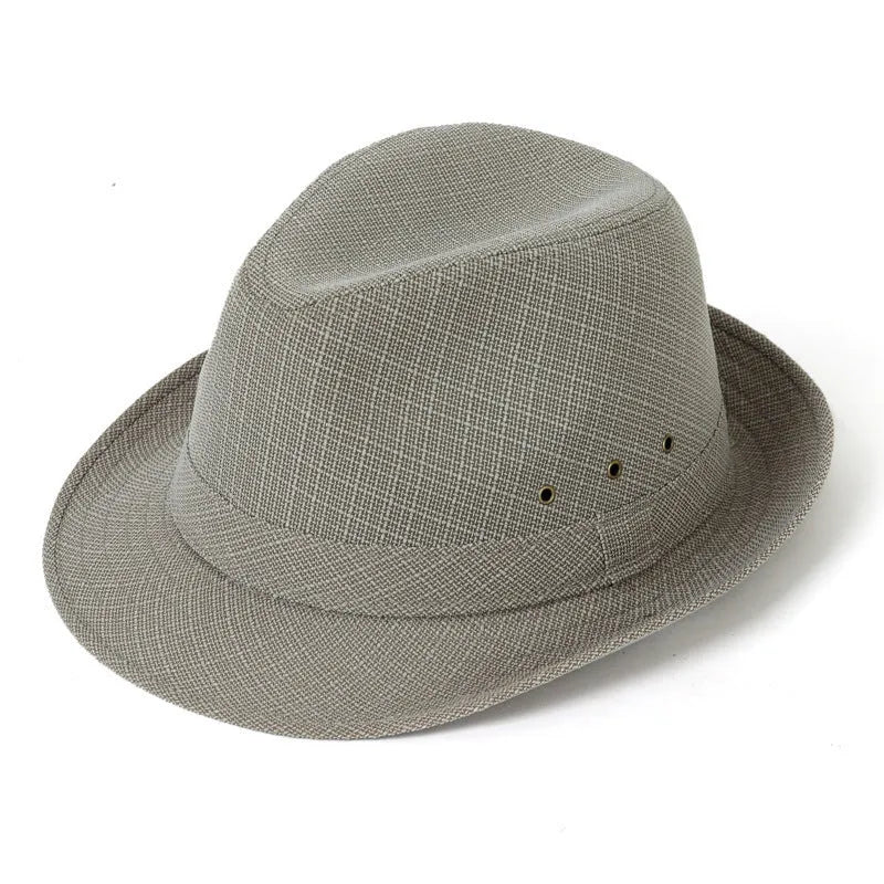 Classic brown fedora hat with structured crown and wide brim on a wooden stand