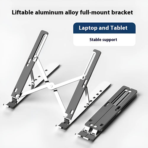 Silver aluminium alloy folding laptop stand for 16-18 inch devices with cloth carry bag