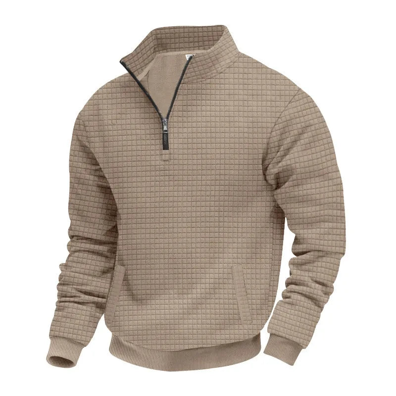 Men's grey stand-up collar long sleeve jacquard small check sweatshirt with side seam pockets
