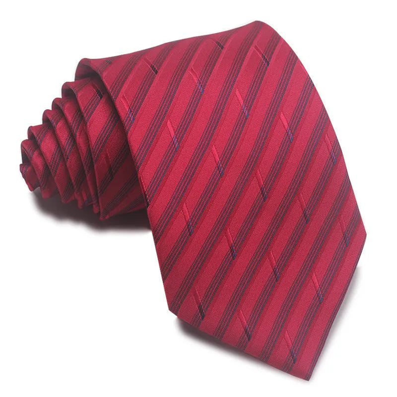 A man's striped formal tie in an arrow style, showing the jacquard texture and width of 7-8 cm.
