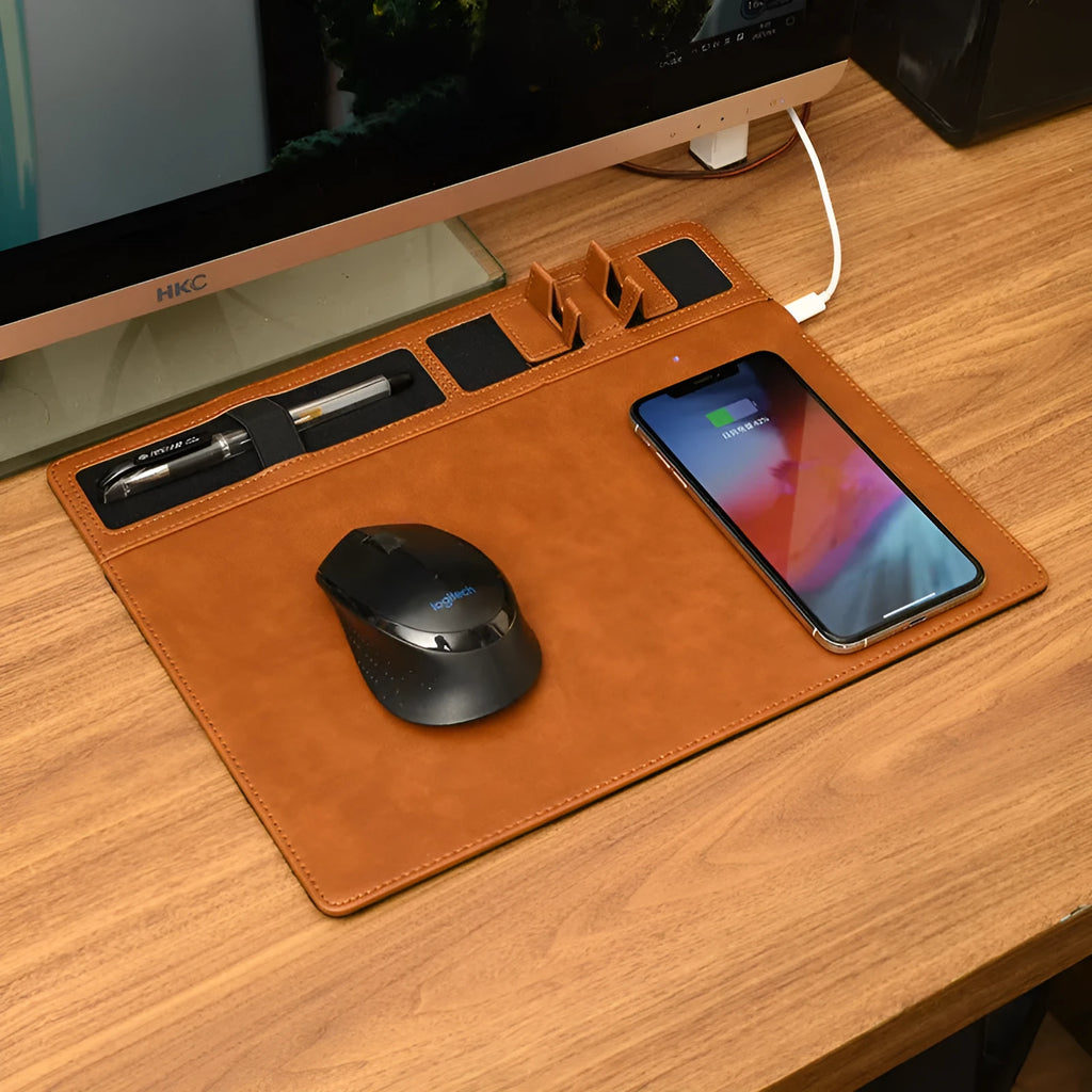 Wireless charging gaming mouse pad with integrated phone holder showing black colour option
