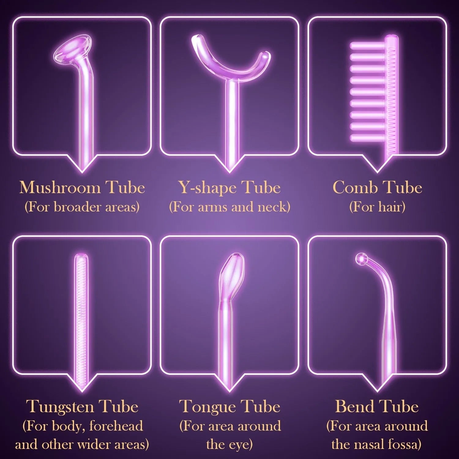 Purple high wave electrotherapy rod six-piece set with multiple accessory heads for wrinkle removal