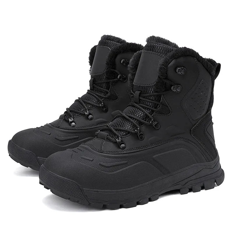 Men's black high-top lace-up boots with a fleece-lined interior and flat heel, shown from the side.