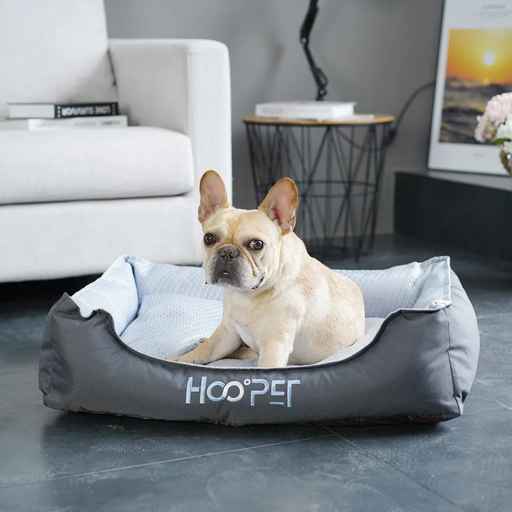 Soft grey pet bed with removable cover shown in small, medium, and large sizes for dogs and cats