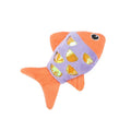 Two goldfish-shaped cat toys in blue, orange, and pink colours with soft plush exterior