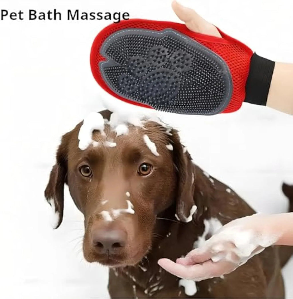 Red pet bathing glove with silicone massage fingers for hair removal during grooming