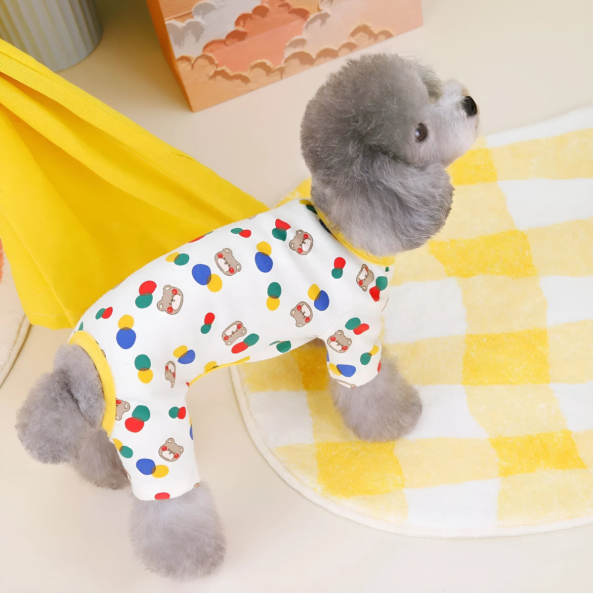 Dog pet clothes with colourful ball bear design in beige or light brown, cotton blend, sizes S-XXL